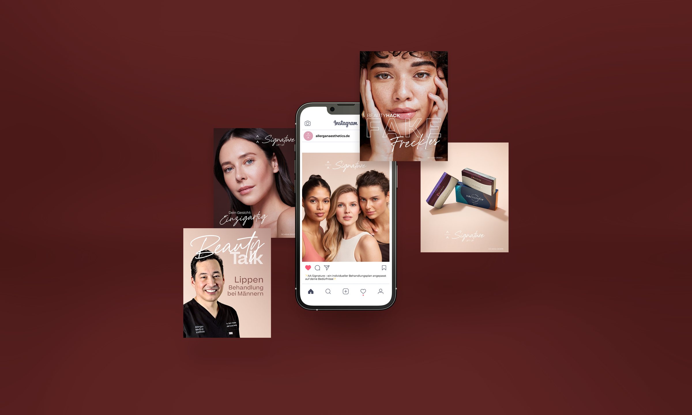 AA Signature – Instagram-Feed auf dem Smartphone mit Posts „Beauty Talk“, „Fake Freckles“ und „Dein Gesicht. Einzigartig“ vor bordeauxrotem Hintergrund