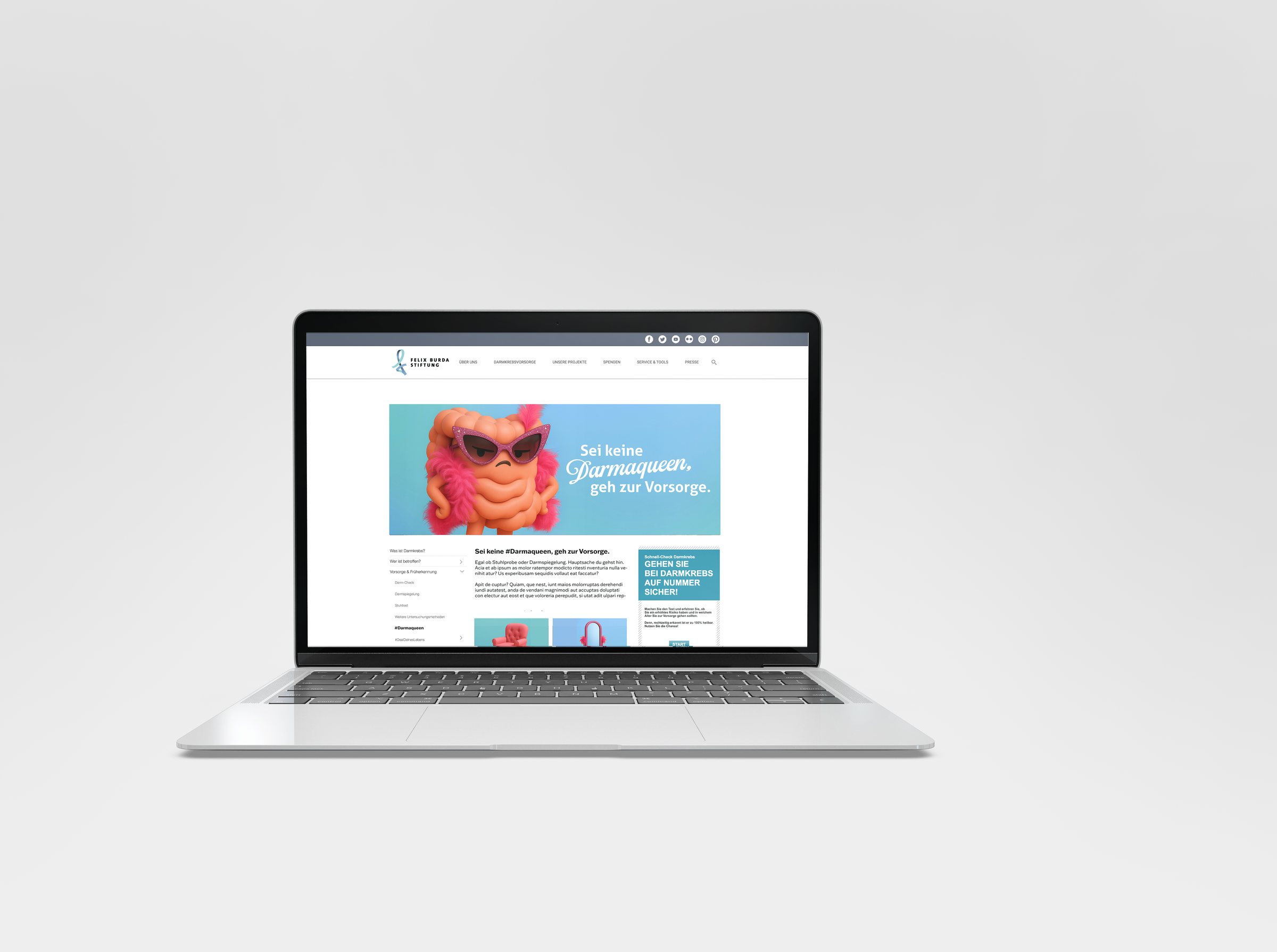 Darmaqueen – Kampagnen-Landingpage der Felix Burda Stiftung auf einem Laptop