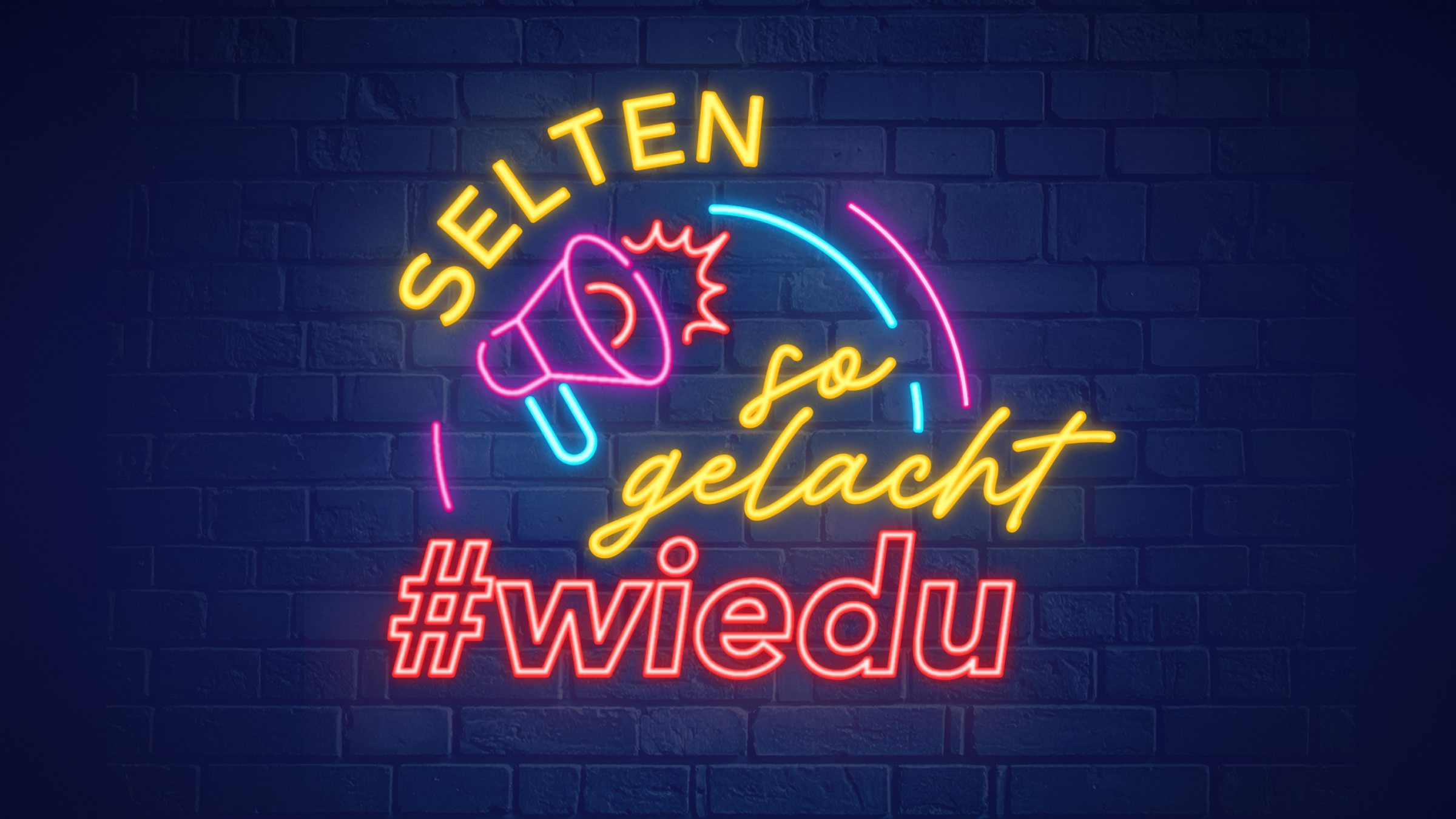 Loudrare – Neon-Schriftzug „Selten so gelacht #wiedu“ mit Megafon auf dunkler Backsteinwand