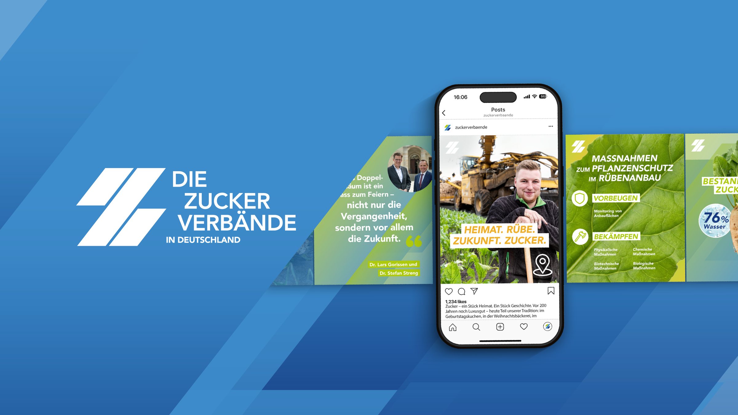 Logo „Die Zuckerverbände in Deutschland“ neben Smartphone mit Instagram-Posts vor blauem Hintergrund