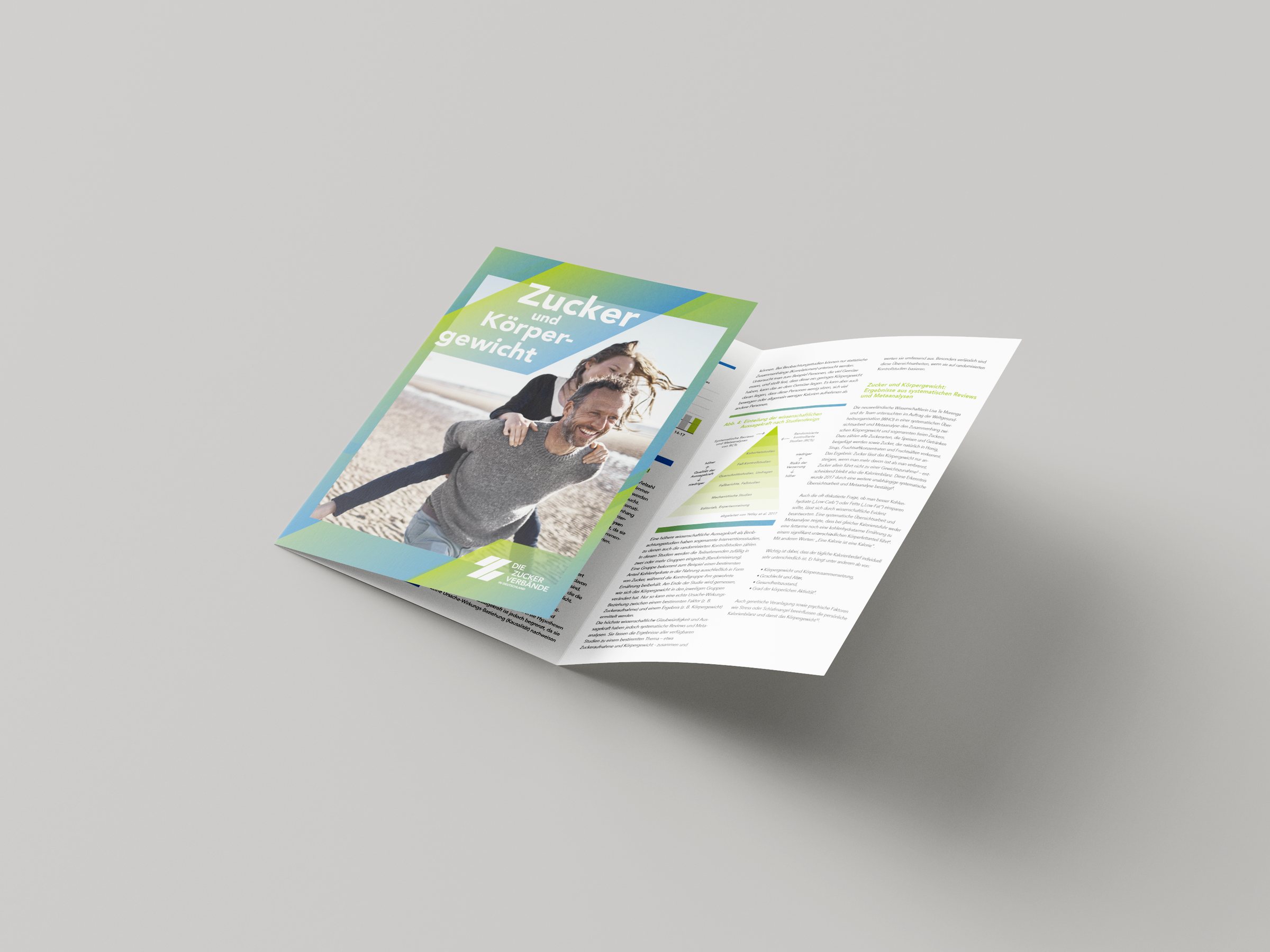 Broschürenreihe – Trifold-Flyer „Zucker und Körpergewicht“ in Grün-Blau