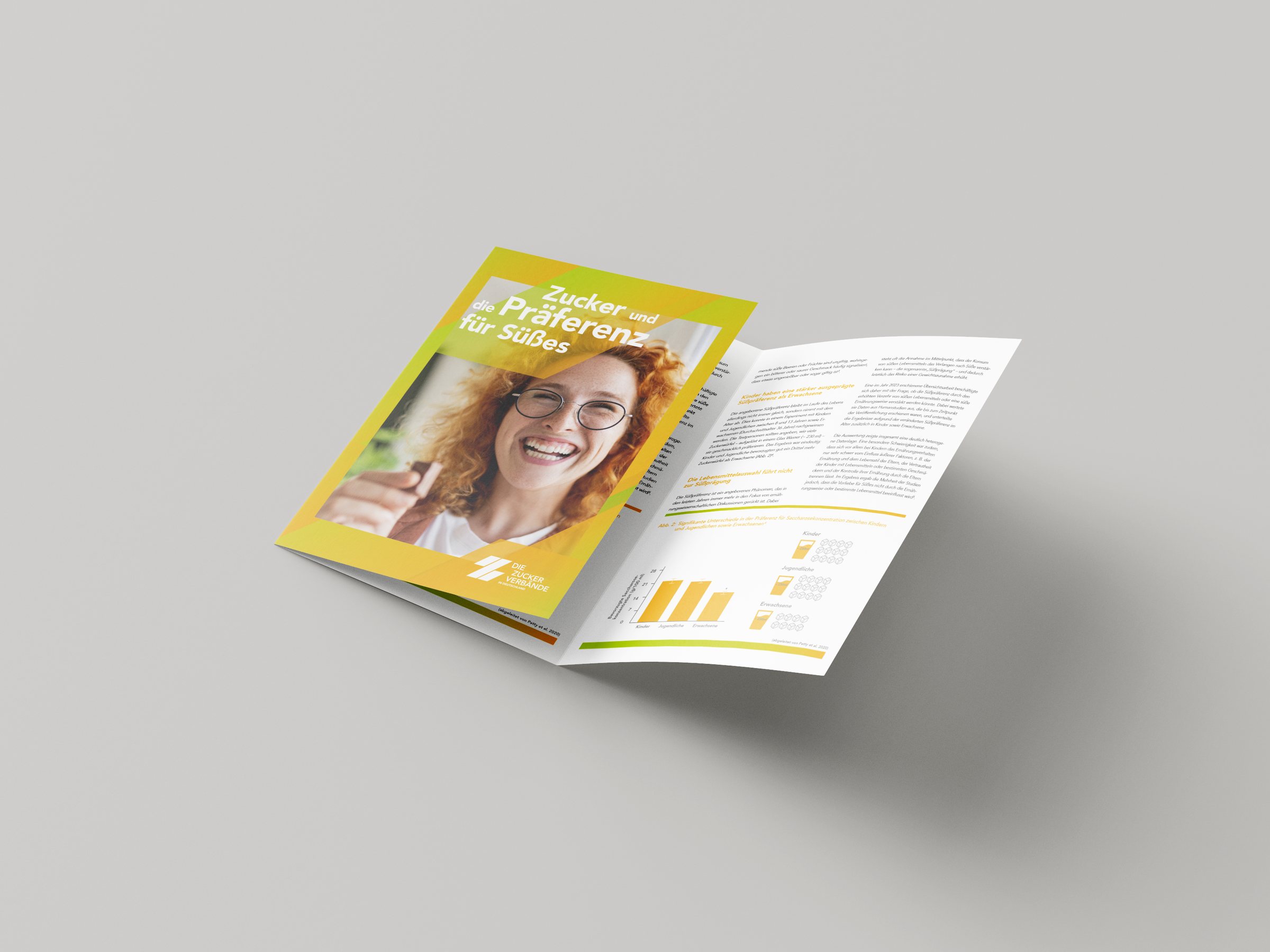Broschürenreihe – Trifold-Flyer „Zucker und die Präferenz für Süßes“ in Gelb