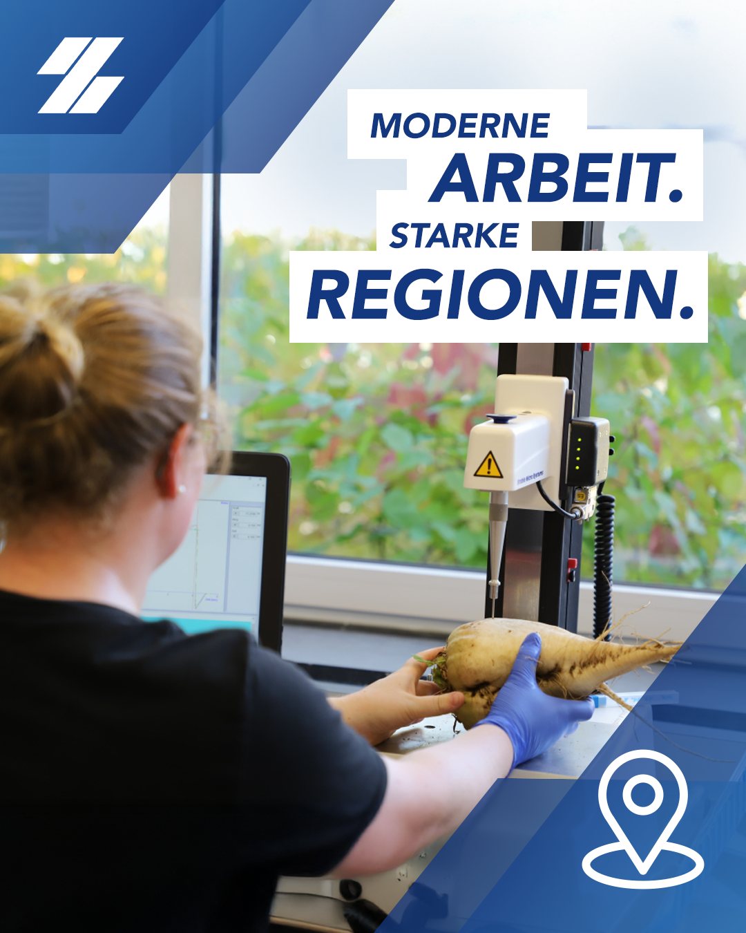 Instagram-Post „Moderne Arbeit. Starke Regionen.“ – Laborantin prüft eine Zuckerrübe
